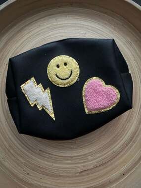 Black Makeup Bag with Smiley, Lightning Bolt, and Heart Chenille Patches